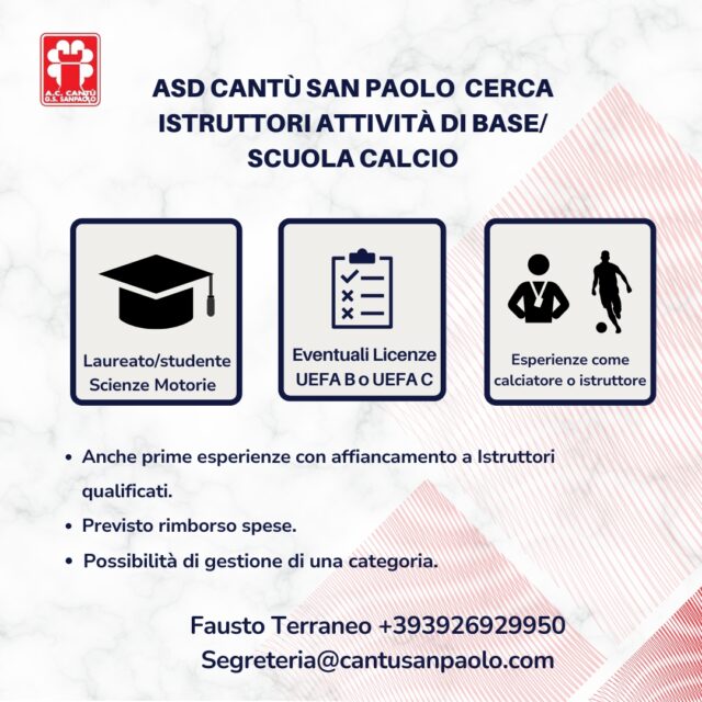 Ricerca di istruttori attività di base/scuola calcio